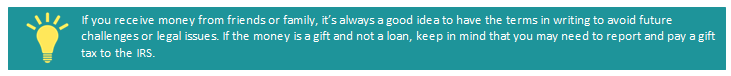If you receive money from friends or family, it's always a good idea to have the terms in writing to avoid future challenges or legal issues. If the money is a gift and not a loan, keep in mind that you may need to report and pay a gift tax to the IRS