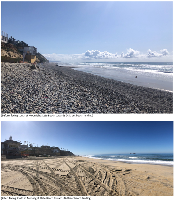 Facing South at Moonlight State Beach towards D-Street beach landing.