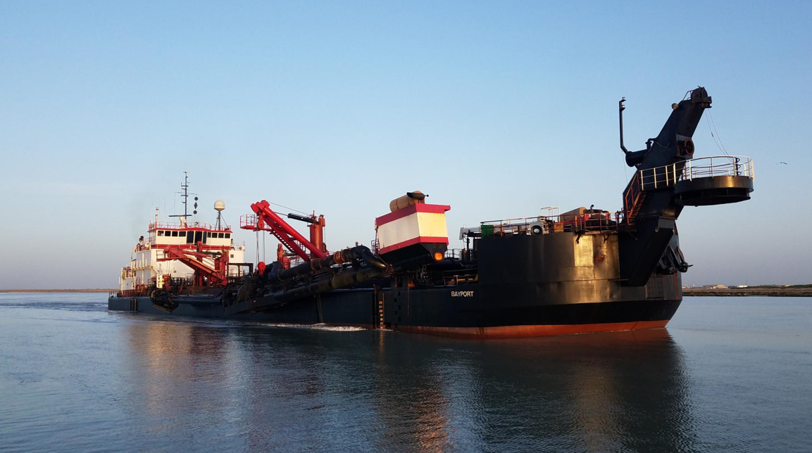 “The Bayport” is the Hopper Dredge that has been contracted with Manson Contracting our contractor. The Bayport is approximately 300 feet long by 54 feet wide.