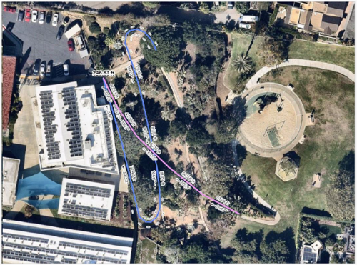 Aerial view of potential trail alignments between Orpheus Park and Paul Ecke Elementary School